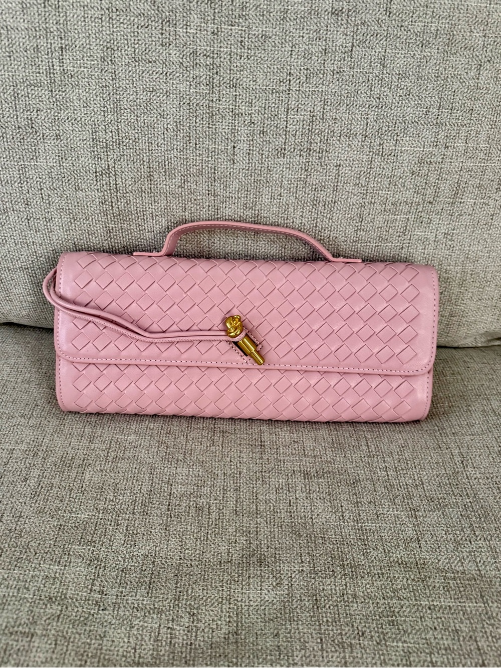 Pink Woven Leather Top-Handle Clutch
